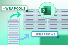 Illustration Microsoft Excel montrant les fonctions WRAPCOLS et WRAPROWS avec le logo Excel.