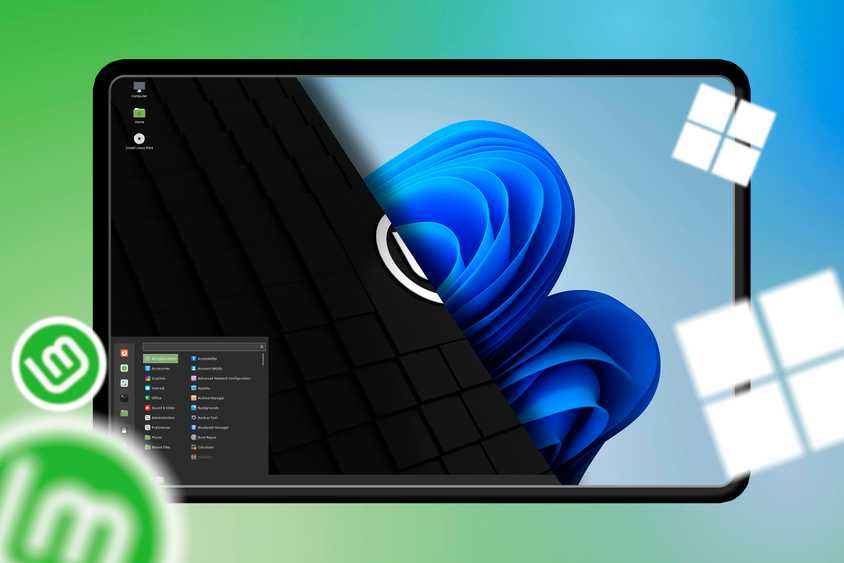 Écran partagé avec Linux Mint et Windows 11. 