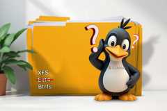La mascotte Linux a l'air confuse avec quelques dossiers en arrière-plan.