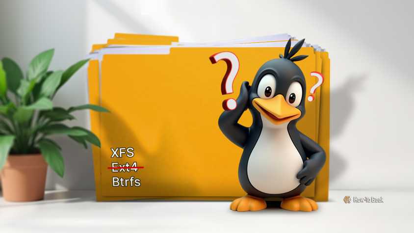La mascotte Linux a l'air confuse avec quelques dossiers en arrière-plan.