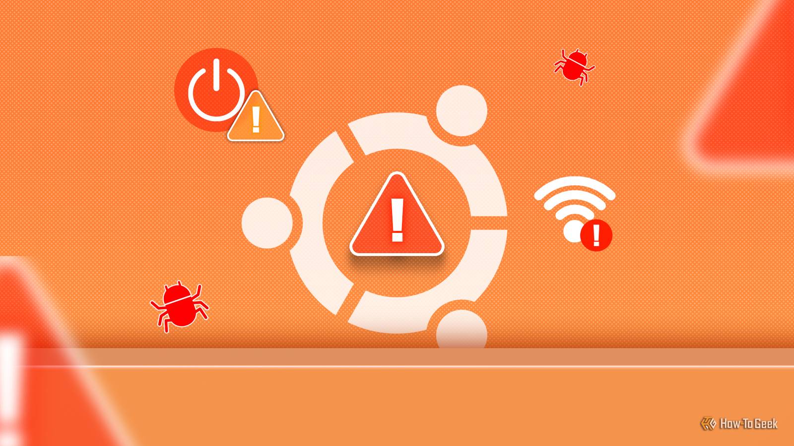 Ubuntu logo with some alert and error icons around it.