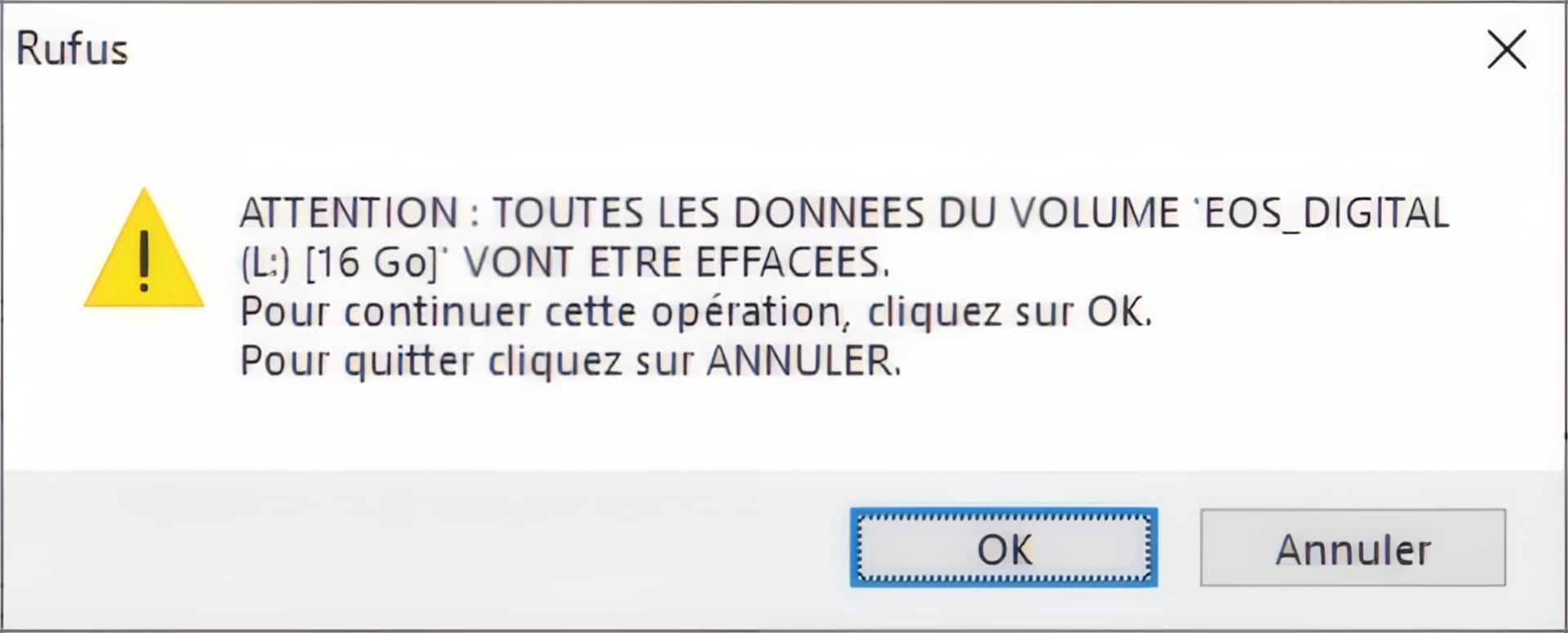 Confirmation de formatage et options avancées