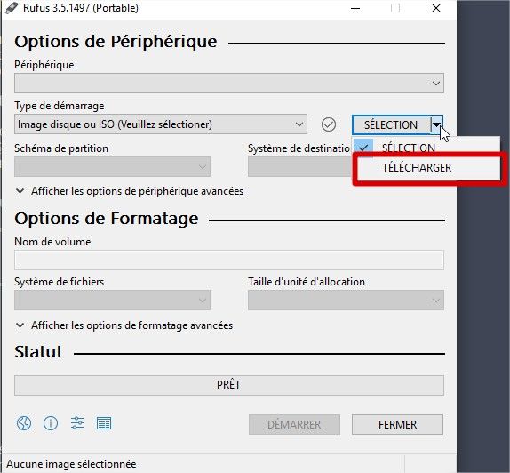 Option de téléchargement ISO dans Rufus