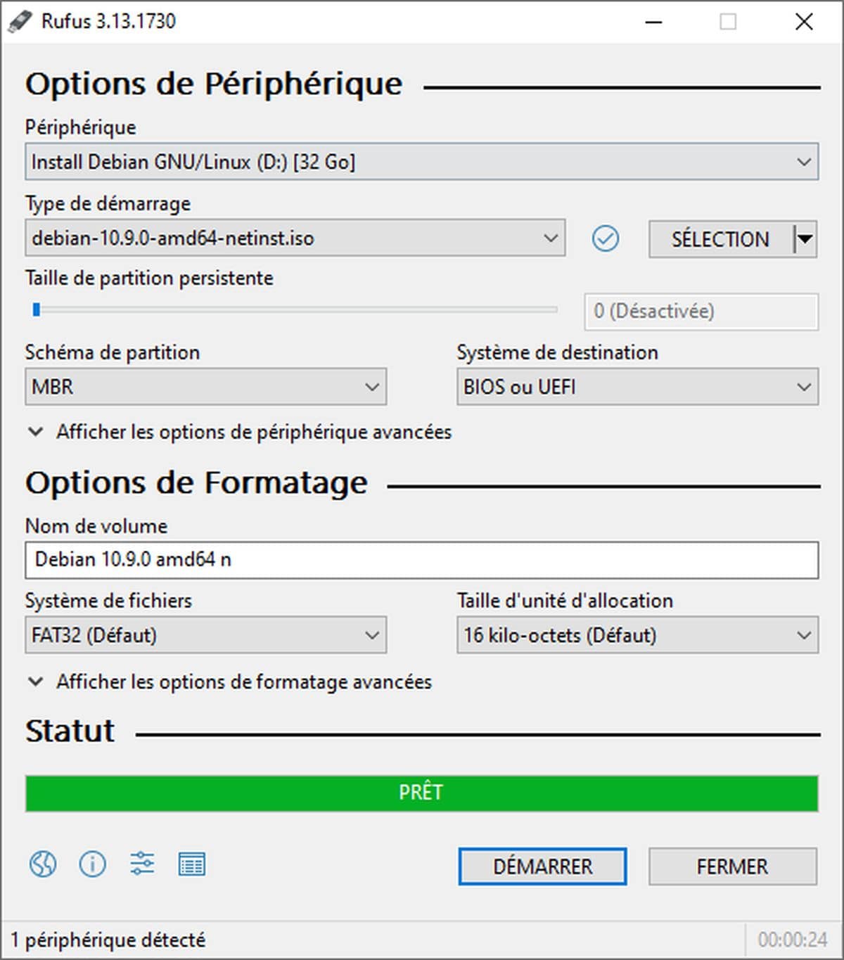 Interface de Rufus – fenêtre de configuration